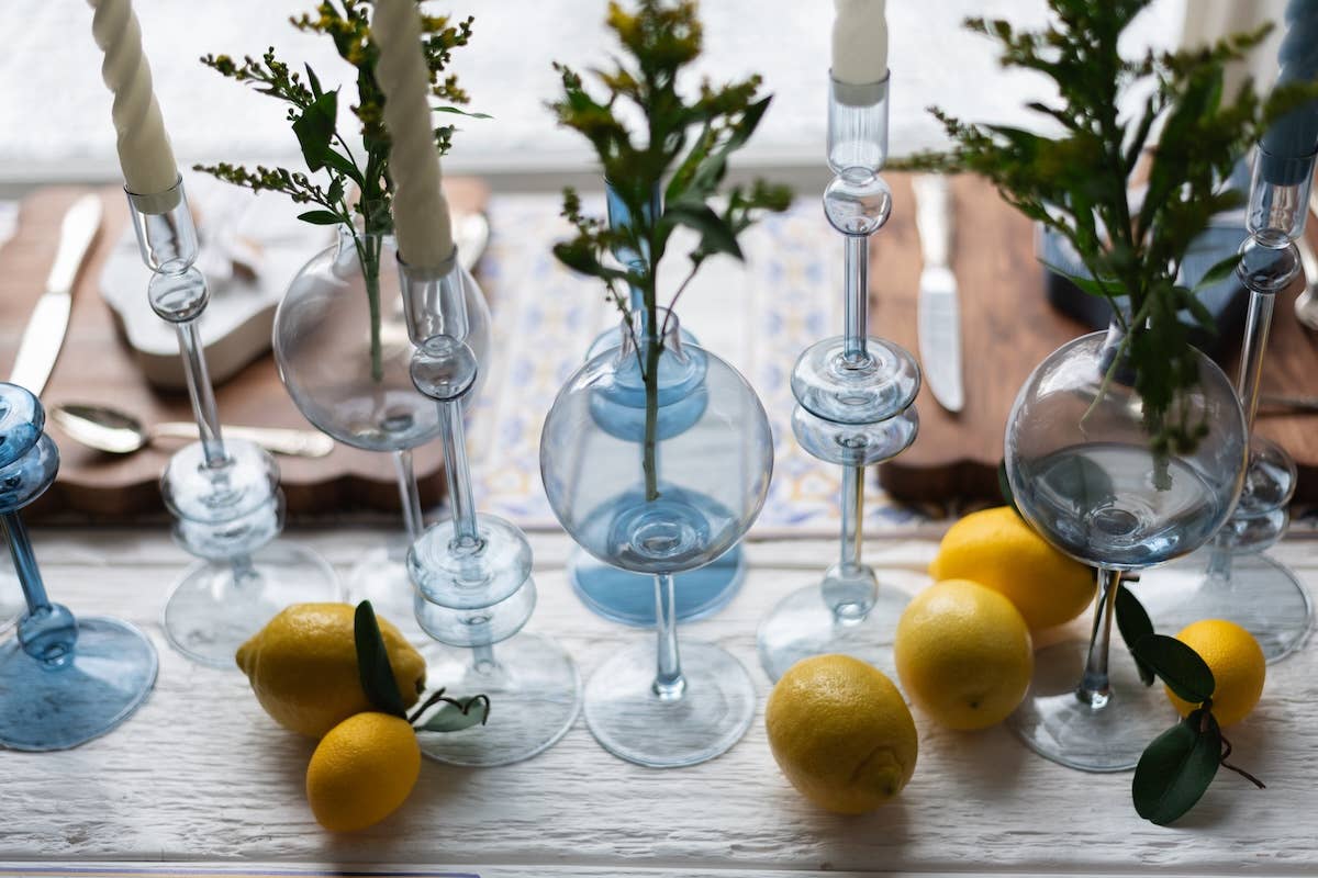 Glass Candlestick Pair, Large, Denim