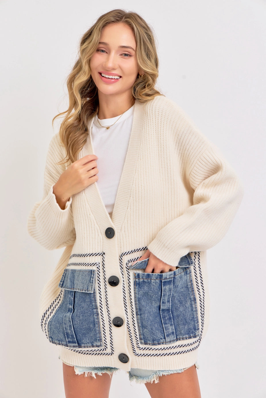 KNIT DENIM POCKET CARDIGAN