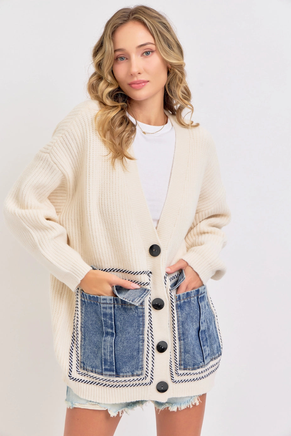 KNIT DENIM POCKET CARDIGAN