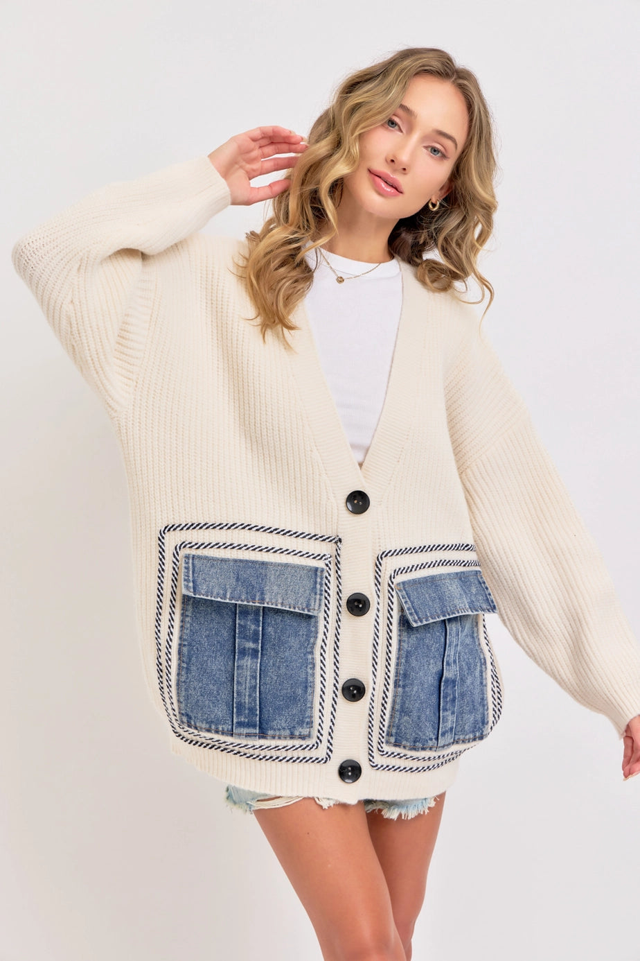 KNIT DENIM POCKET CARDIGAN