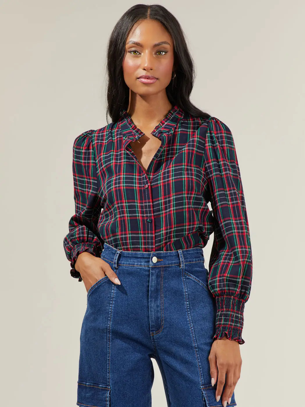 CHAPMAN PLAID SPLIT NECK TOP