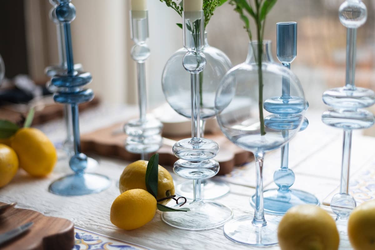 Glass Candlestick Pair, Large, Denim