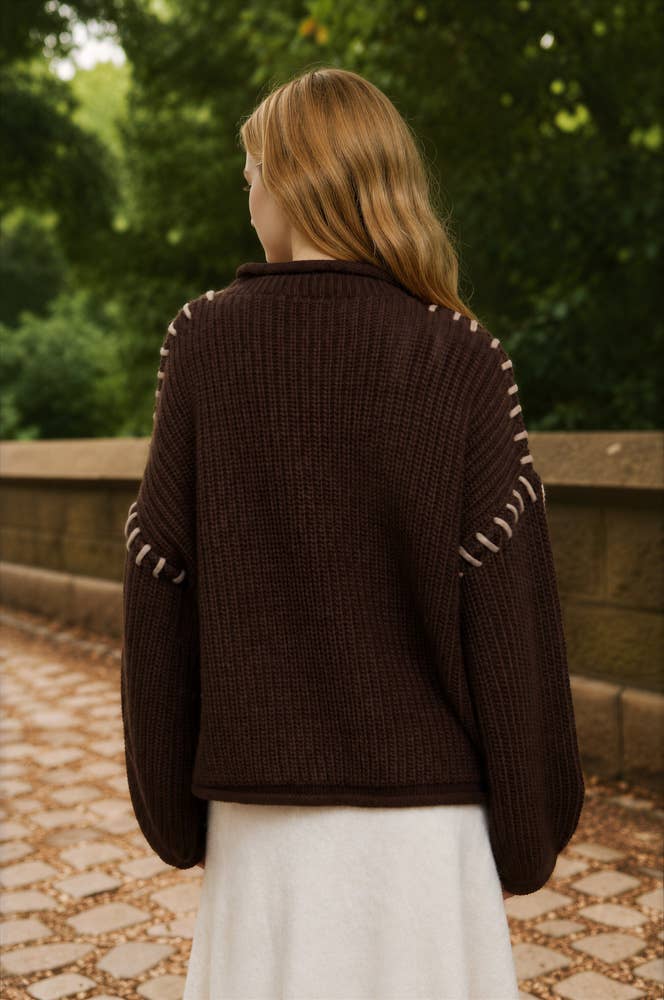 CONTRAST STITCH DETAIL MOCK NECK CHUNKY SWEATER