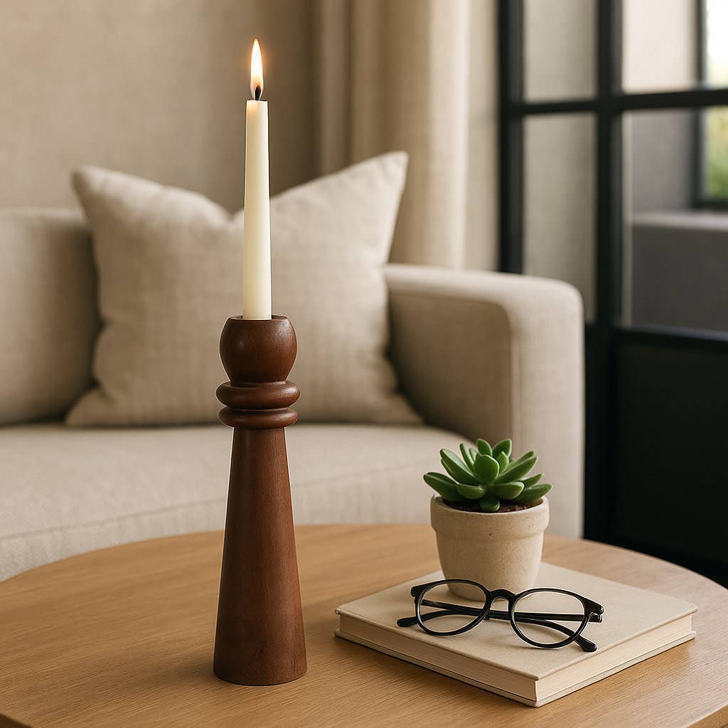 Candle Holder - Brown Mango Wood Modern Totem Taper, 12 in.