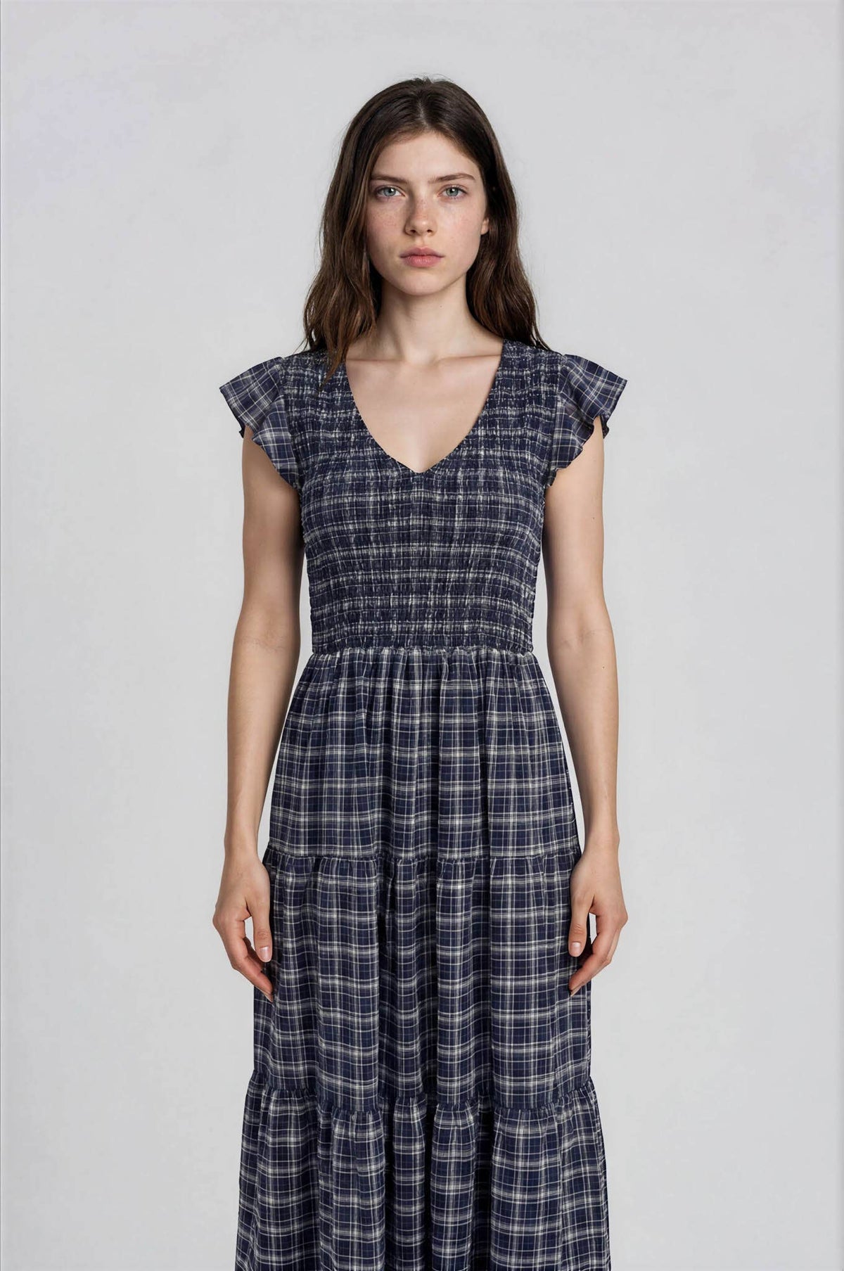 PLAID V NECK SMOCKED TIERED MIDI DRESS