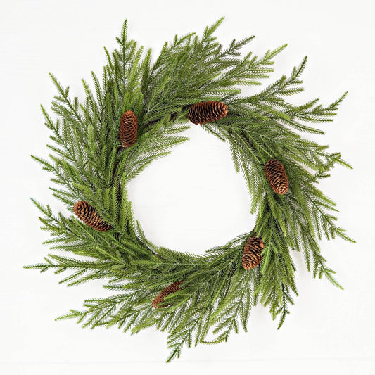 510070- 24in(12)Twig Wreath-Evergreen Norfolk Pine w.Long Pi