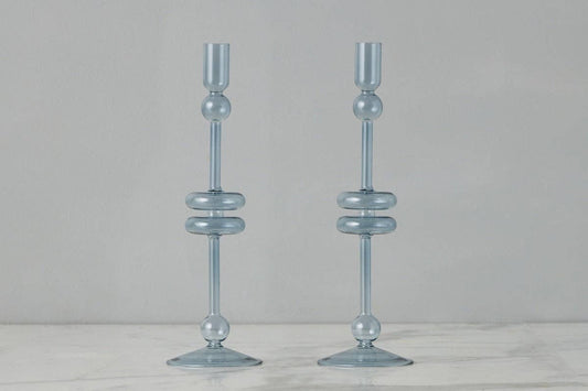 Glass Candlestick Pair, Large, Denim