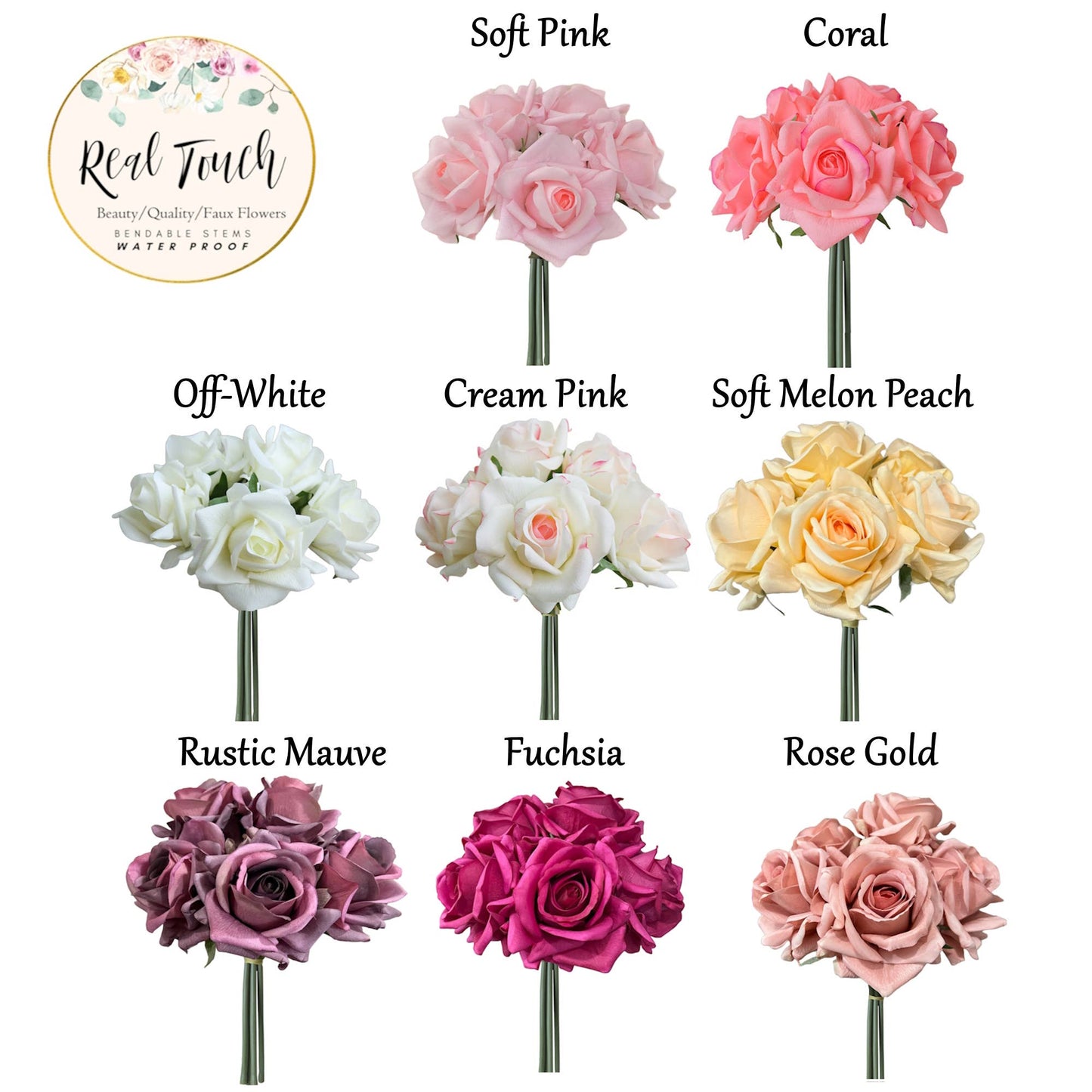10" Pack of 5 Stems-Moisturized coating Real Touch Rose