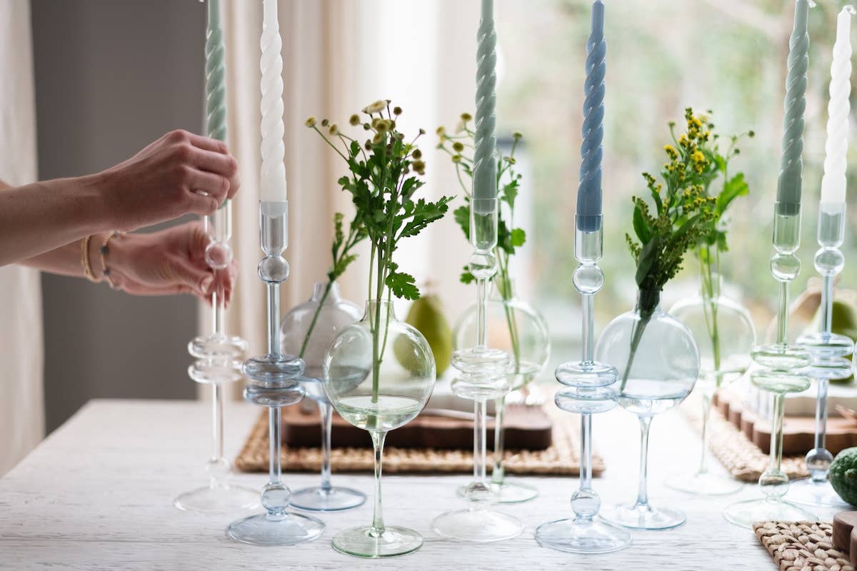 Glass Candlestick Pair, Large, Denim