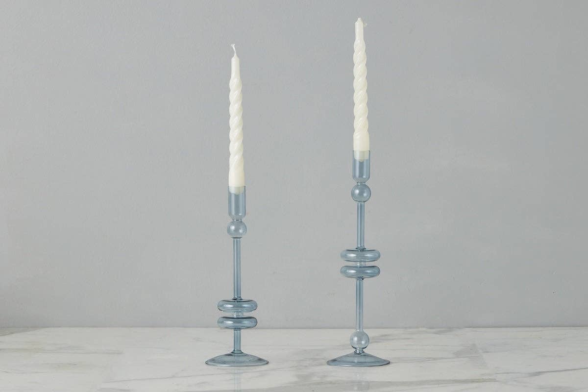 Glass Candlestick Pair, Large, Denim