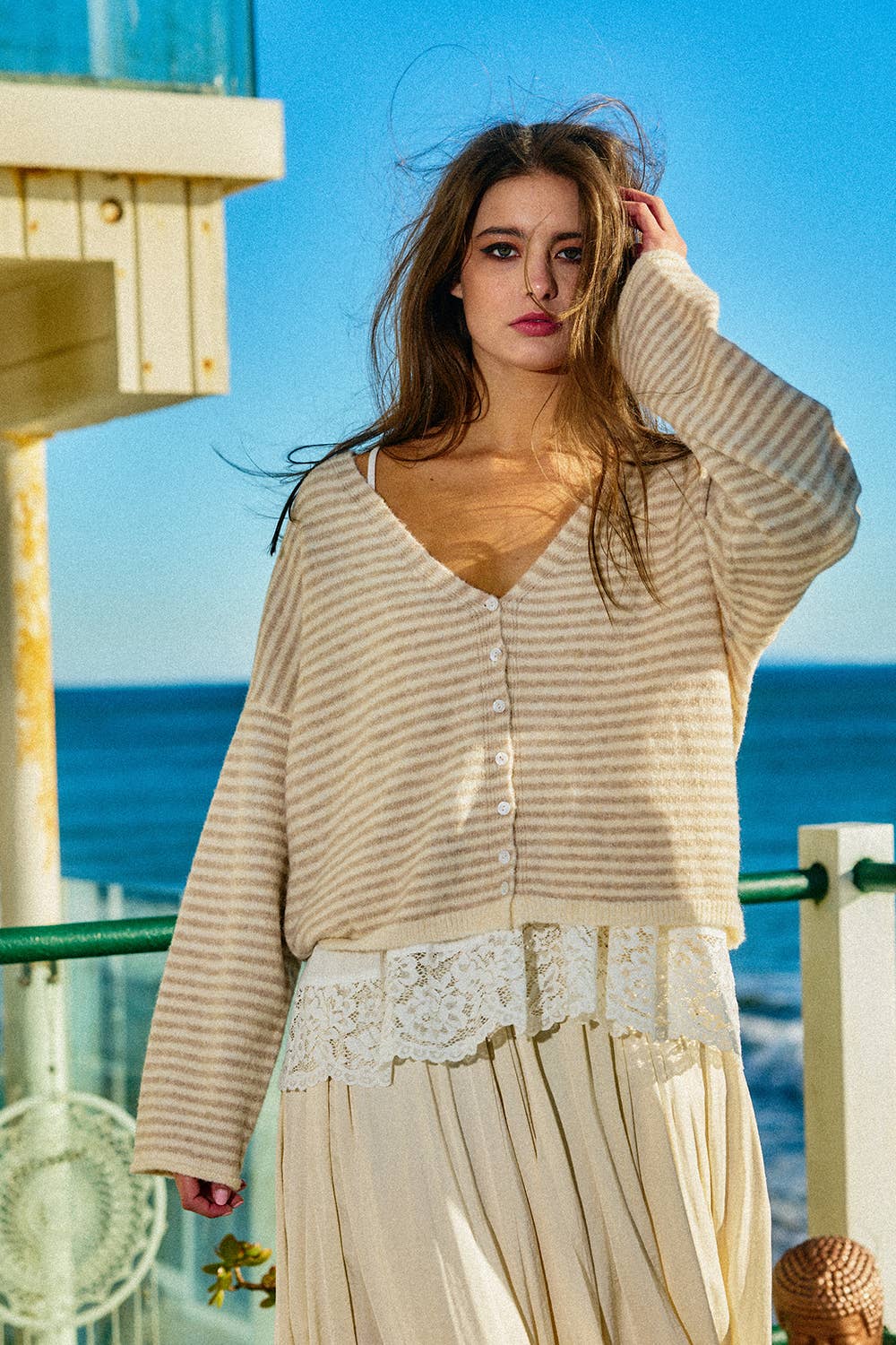 IT2969 V- Neck Button Front Soft Knit Stripe Cardigan
