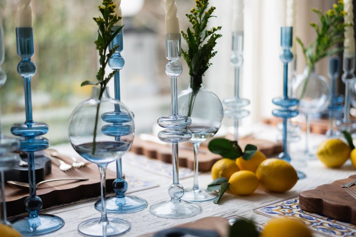 Glass Candlestick Pair, Large, Denim