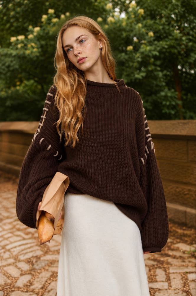 CONTRAST STITCH DETAIL MOCK NECK CHUNKY SWEATER