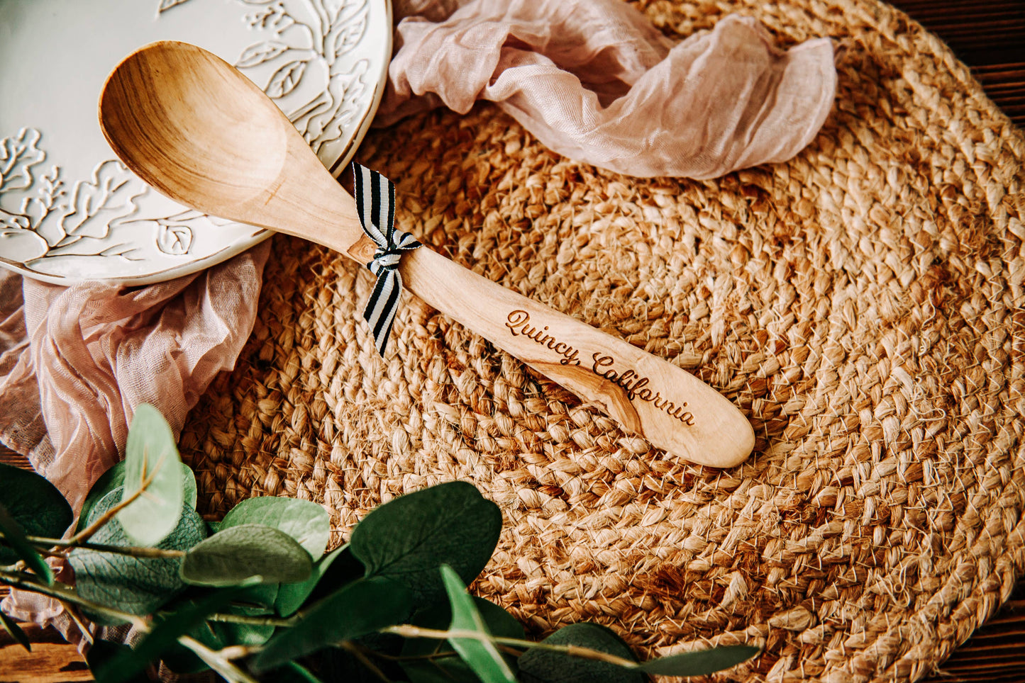 Westport Olive Wood Serving Spoon & Towel Gift Set