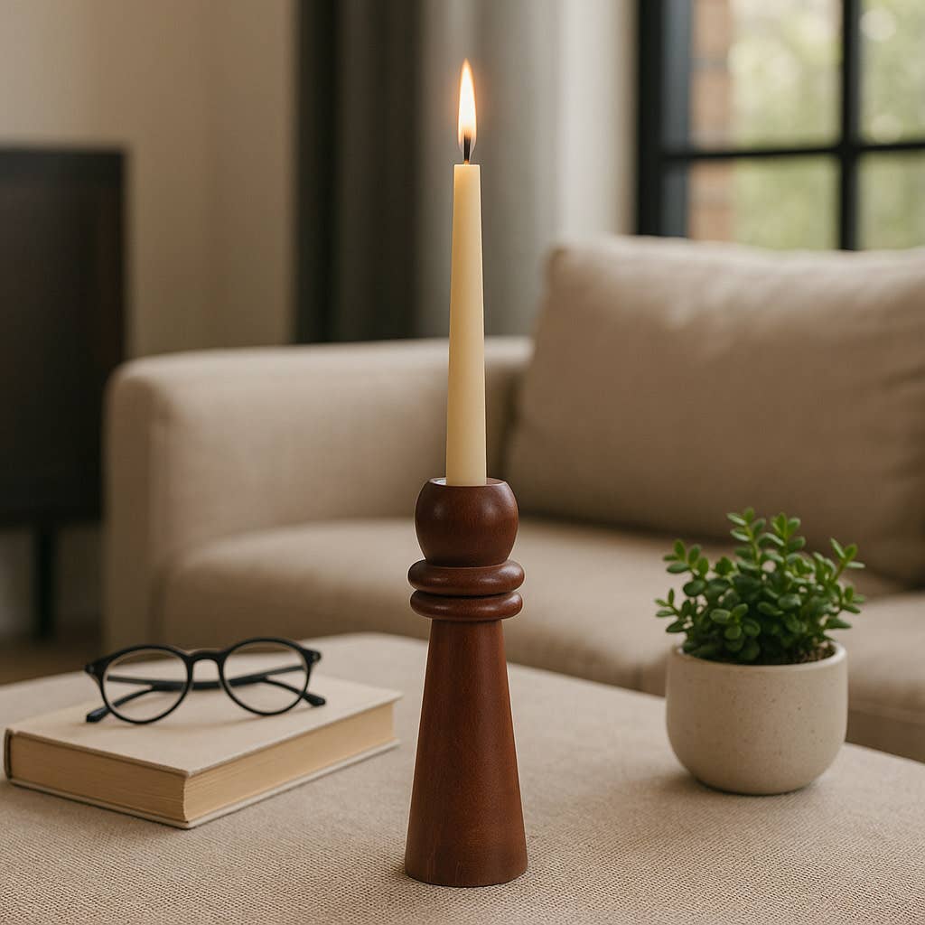 Candle Holder - Brown Mango Wood Modern Totem Taper, 10 in.