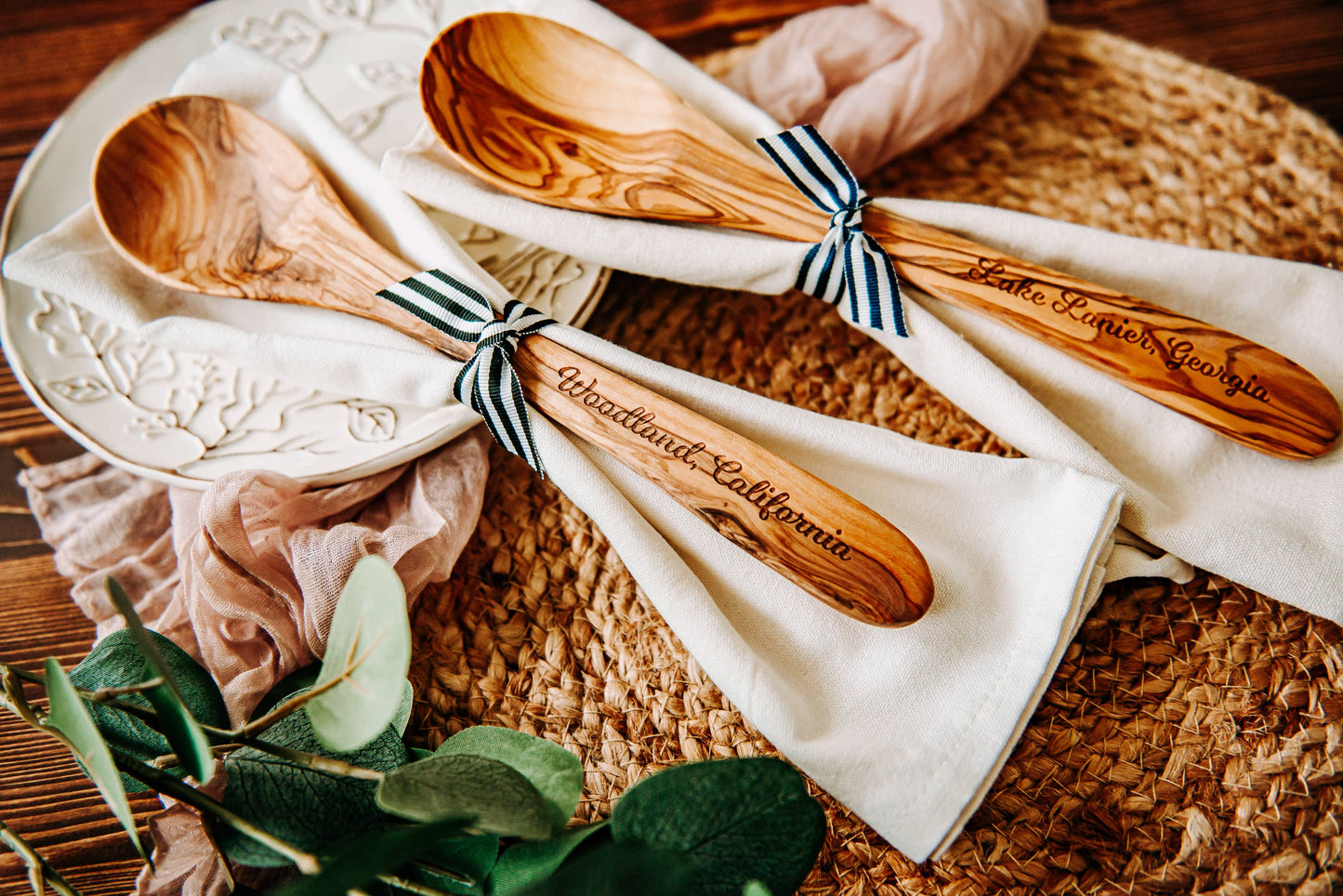Westport Olive Wood Serving Spoon & Towel Gift Set