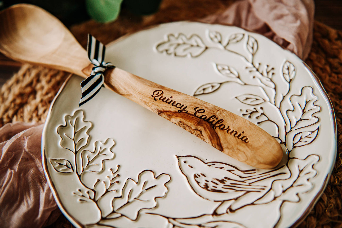 Westport Olive Wood Serving Spoon & Towel Gift Set
