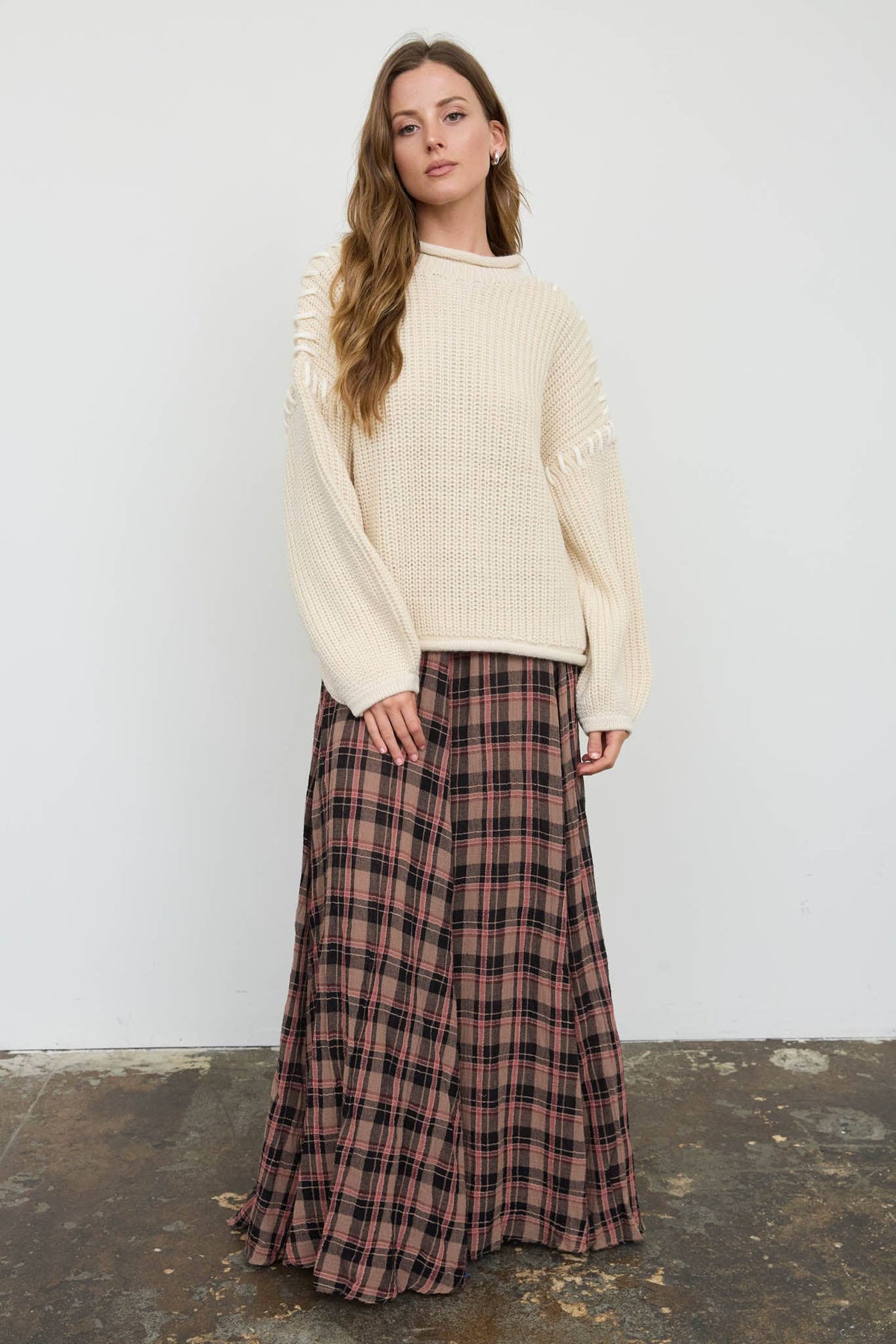 CONTRAST STITCH DETAIL MOCK NECK CHUNKY SWEATER