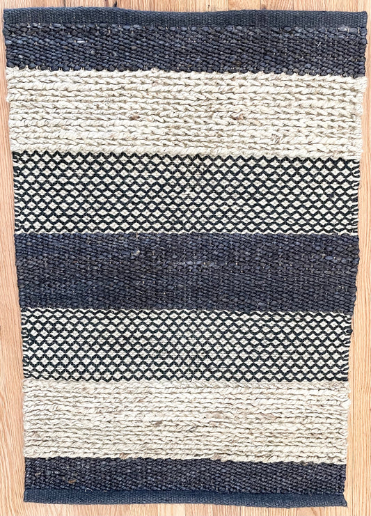 TAN GRAY AND BLACK JUTE STRIPPED SHUTTLE HANDWOVEN RUG